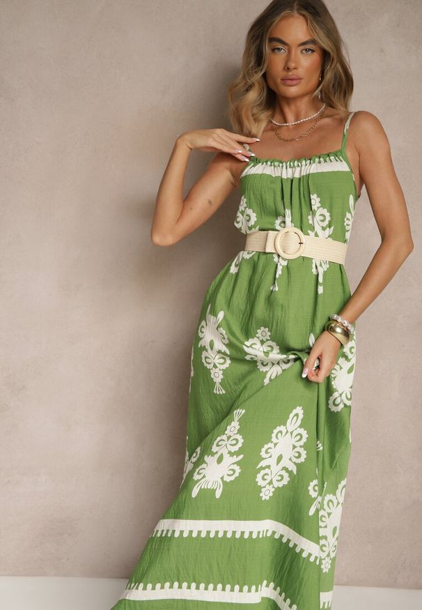 Renee - Zielona Rozkloszowana Sukienka na Ramiączkach w Ornamentalny Print Reveleine. Okazja: na co dzień. Typ kołnierza: dekolt w serek. Kolor: zielony. Długość rękawa: na ramiączkach. Wzór: nadruk. Styl: casual