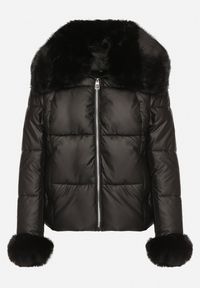 Born2be - Czarna Pikowana Kurtka z Szerokim Kołnierzem z Futerkiem Galerra. Okazja: na spacer, na co dzień. Kolor: czarny. Materiał: futro. Sezon: zima. Styl: casual, elegancki #4