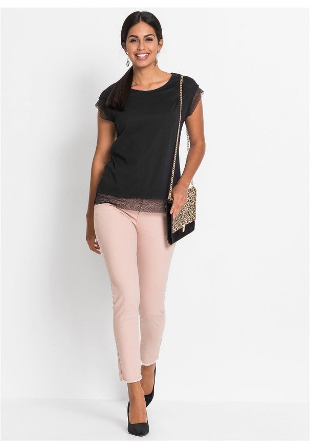 bonprix - Bawełniany T-shirt o kroju pudełkowym. Kolor: czarny. Materiał: bawełna, koronka. Długość rękawa: krótki rękaw. Długość: krótkie. Wzór: koronka