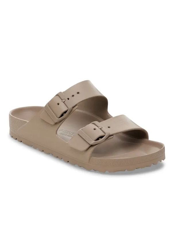 Klapki damskie Birkenstock Arizona EVA Gray Taupe. Okazja: na co dzień, na plażę. Kolor: brązowy. Materiał: materiał. Wzór: paski. Sezon: lato. Styl: casual, klasyczny