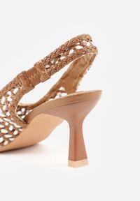 Born2be - Brązowe Ażurowe Czółenka z Plecionki na Szpilce z Odkrytą Piętą Akisishia. Okazja: na co dzień. Kolor: brązowy. Materiał: len. Wzór: ażurowy. Obcas: na szpilce. Styl: boho, casual, elegancki #6