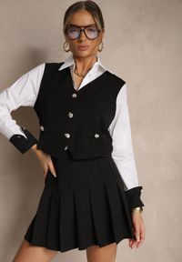 Renee - Czarny 3-Częściowy Komplet z Wiskozą w Eleganckim Stylu Koszula Kamizelka i Spódnico-Szorty z Plisami Zemika. Kolor: czarny. Materiał: wiskoza #4