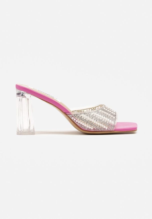 Renee - Fuksjowe Klapki z Perłami na Transparentnym Obcasie Typu Słupek Grelreia. Kolor: różowy. Materiał: jeans. Wzór: aplikacja. Obcas: na obcasie. Styl: elegancki, wizytowy. Wysokość obcasa: średni