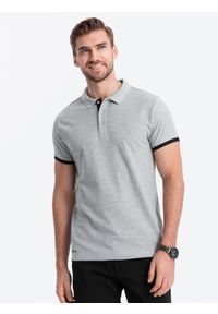 Ombre Clothing - Bawełniana koszulka męska polo z kontrastowymi wykończeniami – szary melanż V7 - Rozmiar: XL. Typ kołnierza: polo. Kolor: szary. Materiał: bawełna. Wzór: melanż