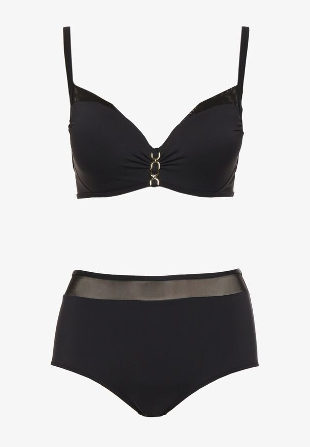 Born2be - Czarne Bikini Biustonosz z Metaliczną Aplikacją i Majtki Figi Iffonavia. Kolor: czarny. Materiał: len. Wzór: aplikacja