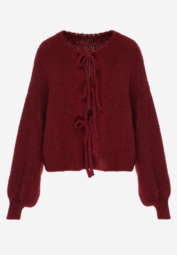 Born2be - Bordowy Kardigan Oversize z Wełną Zdobiony Kokardkami Eleathalie. Okazja: na co dzień. Typ kołnierza: kokarda. Kolor: czerwony. Materiał: wełna. Wzór: aplikacja. Styl: casual, elegancki