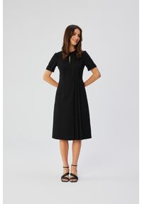 Stylove - Elegancka sukienka midi z ozdobnymi zakładkami czarna. Kolor: czarny. Styl: elegancki. Długość: midi