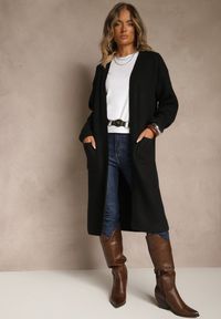 Renee - Czarny Długi Kardigan Niezapinany z Bawełną Ferrive. Okazja: na co dzień. Kolor: czarny. Materiał: bawełna. Długość: długie. Styl: casual