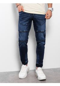 Ombre Clothing - Spodnie męskie marmurkowe JOGGERY z ozdobnymi przeszyciami - granatowe V1 OM-PADJ-0111 - XXL. Kolor: niebieski. Materiał: jeans, bawełna, elastan #3