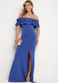 Born2be - Granatowa Elegancka Sukienka Typu Hiszpanka z Rozkloszowanym Dołem i Wycięciami Tumini. Okazja: na imprezę. Typ kołnierza: dekolt hiszpanka. Kolor: niebieski. Materiał: skóra. Długość rękawa: krótki rękaw. Typ sukienki: rozkloszowane, dopasowane. Styl: elegancki #7