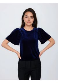 Reserved - Bluzka z bufiastymi rękawami - granatowy. Kolor: niebieski. Materiał: welur, dzianina #1