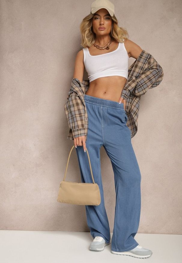 Renee - Niebieskie Spodnie Szerokie z Bawełną i Wiskozą High Waist z Imitacji Jeansu Heldexia. Okazja: na co dzień. Stan: podwyższony. Kolor: niebieski. Materiał: jeans, bawełna, wiskoza. Styl: casual, klasyczny