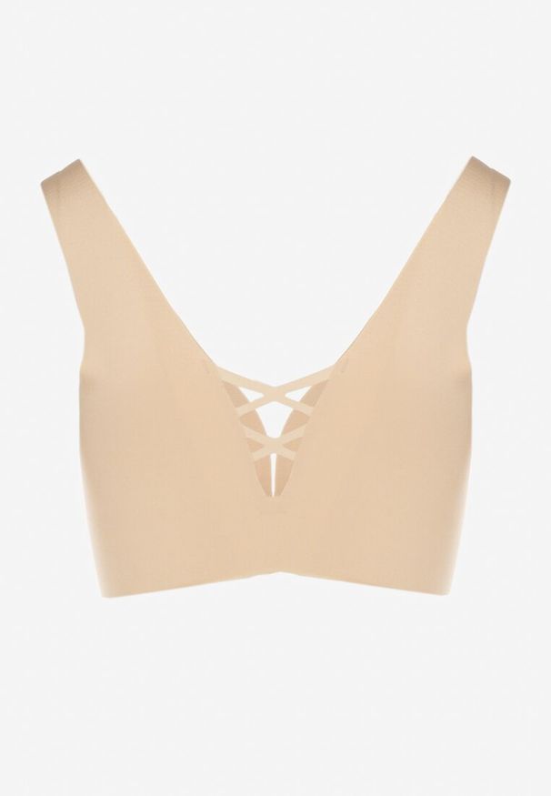 Born2be - Beżowy Biustonosz Sportowy z Siateczką i Gorsetowym Zdobieniem Saliatessa. Kolor: beżowy. Rodzaj stanika: wyciągane miseczki. Wzór: aplikacja