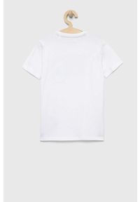 Guess t-shirt bawełniany dziecięcy kolor biały z nadrukiem. Kolor: biały. Materiał: bawełna. Wzór: nadruk #3