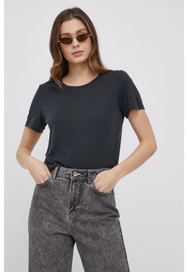 Vila t-shirt damski kolor czarny. Okazja: na co dzień. Kolor: czarny. Materiał: dzianina, włókno. Wzór: gładki. Styl: casual