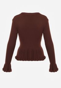 Renee - Brązowy Wiskozowy Kardigan w Prążki z Falbankami i Guzikami z Cyrkoniami Danareia. Okazja: na co dzień, na imprezę. Typ kołnierza: kołnierz z falbankami. Kolor: brązowy. Materiał: wiskoza. Wzór: prążki. Styl: casual #6