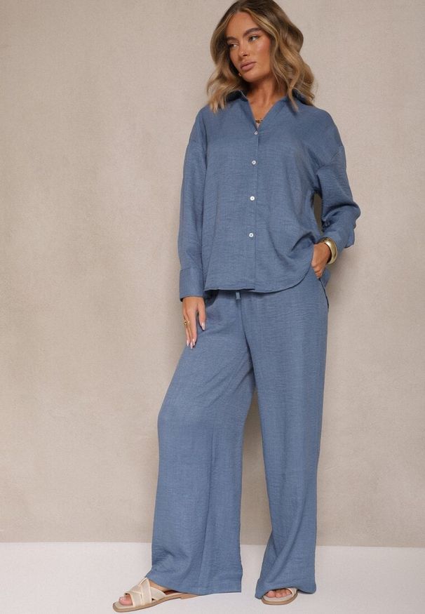 Renee - Niebieski Komplet z Bawełny Koszula i Spodnie Wide Leg Amaddie. Kolor: niebieski. Materiał: bawełna