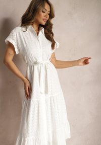 Renee - Biała Koszulowa Sukienka z Ażurowej Bawełny Wiązana w Talii Lulilena. Okazja: na spacer. Kolor: biały. Materiał: bawełna. Długość rękawa: krótki rękaw. Wzór: ażurowy. Sezon: lato. Typ sukienki: koszulowe. Styl: elegancki