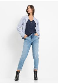 bonprix - Shirt z koronkową wstawką. Okazja: na spotkanie biznesowe, do pracy. Typ kołnierza: dekolt w serek. Kolor: niebieski. Materiał: koronka. Sezon: lato. Styl: biznesowy