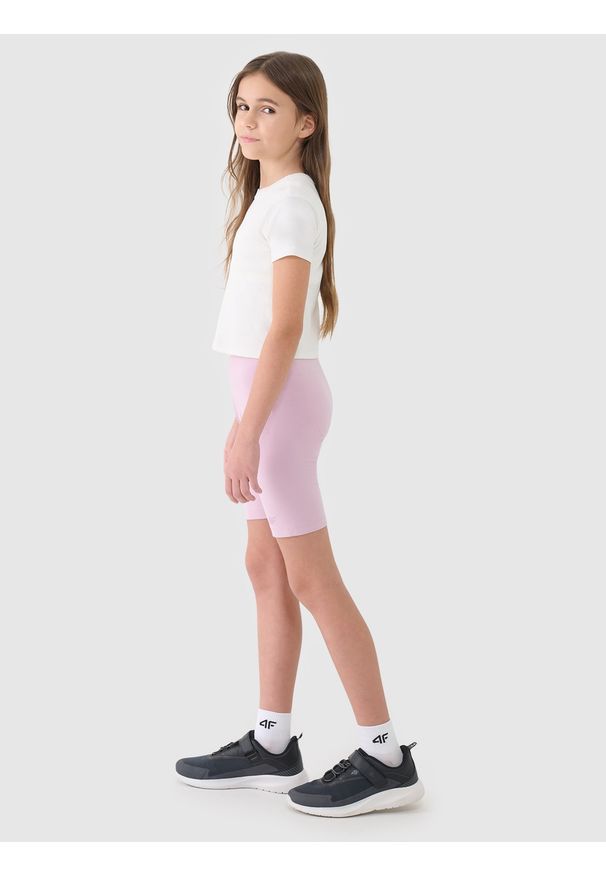 4f - 4F Legginsy kolarki dzianinowe dziewczęce - różowe 128 (7-8 lat). Okazja: na co dzień. Stan: podwyższony. Kolor: różowy. Materiał: dzianina. Długość: krótkie. Wzór: gładki, jednolity, ze splotem. Sezon: lato. Styl: casual, sportowy
