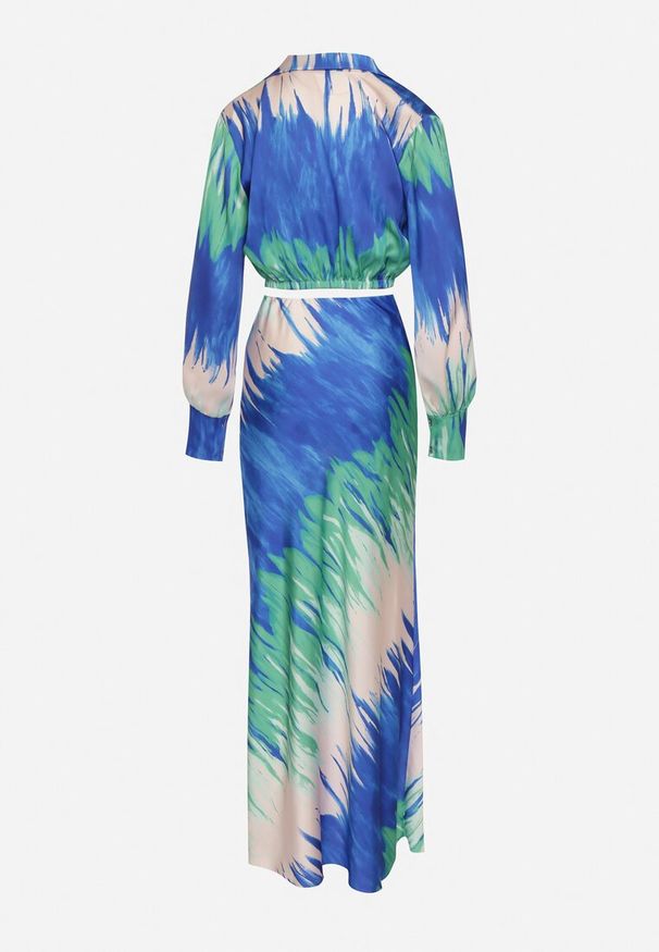 Born2be - Zielono-Granatowy Letni Komplet Krótka Koszula z Przeplatanym Dekoltem Spódnica z Gumką w Pasie Wedna. Kolor: zielony