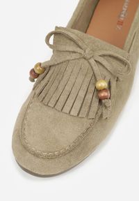Born2be - Zielone Mokasyny Ozdobione Frędzlami Kokardą i Koralikami Woodswift. Okazja: na co dzień. Kolor: zielony. Materiał: jeans. Wzór: aplikacja. Styl: klasyczny, casual, elegancki #2