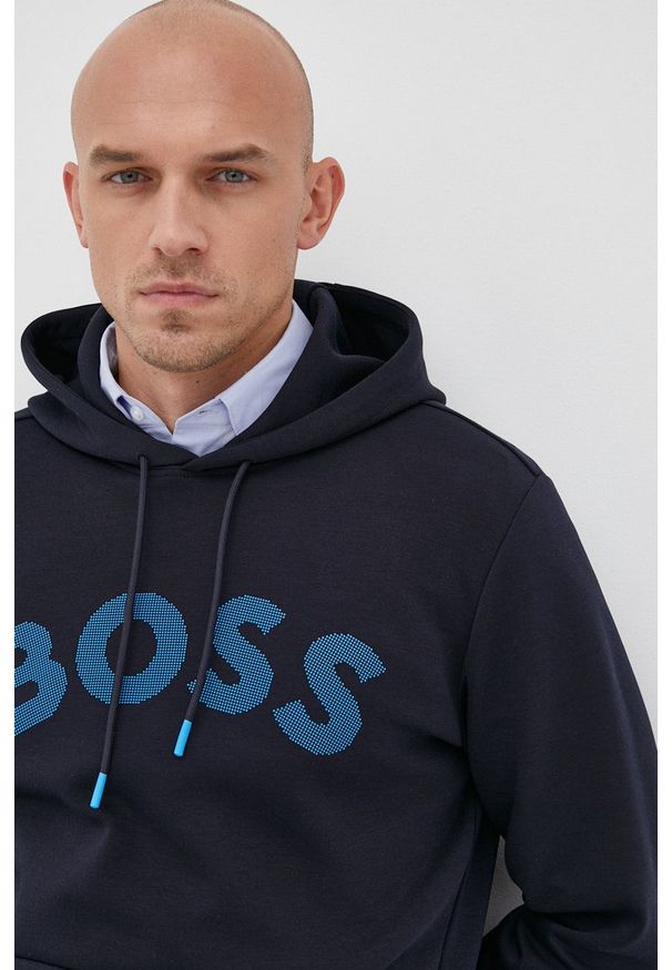 BOSS bluza BOSS ATHLEISURE męska kolor granatowy z kapturem z nadrukiem. Typ kołnierza: kaptur. Kolor: niebieski. Materiał: dzianina. Wzór: nadruk