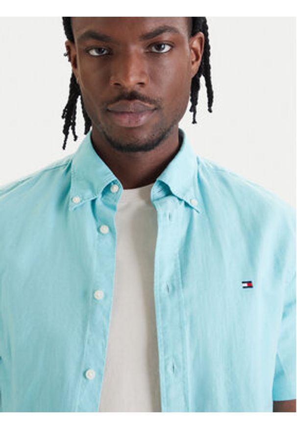 TOMMY HILFIGER - Tommy Hilfiger Koszula MW0MW42450 Turkusowy Regular Fit. Kolor: turkusowy. Materiał: len