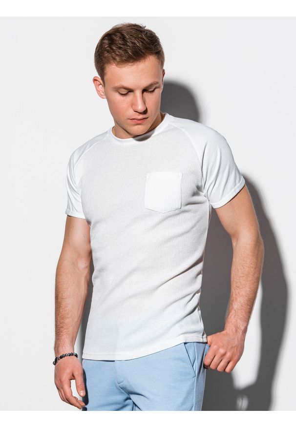 Ombre Clothing - T-shirt męski bez nadruku - biały S1182 - M. Kolor: biały. Materiał: bawełna, tkanina, poliester. Styl: klasyczny
