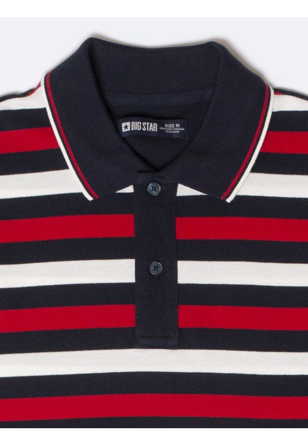 Big-Star - Koszulka męska polo w kolorowe paski Seulir 603. Okazja: na co dzień. Typ kołnierza: polo. Kolor: czerwony. Materiał: żakard, dzianina, jeans. Wzór: paski, kolorowy. Styl: casual, klasyczny, elegancki, street