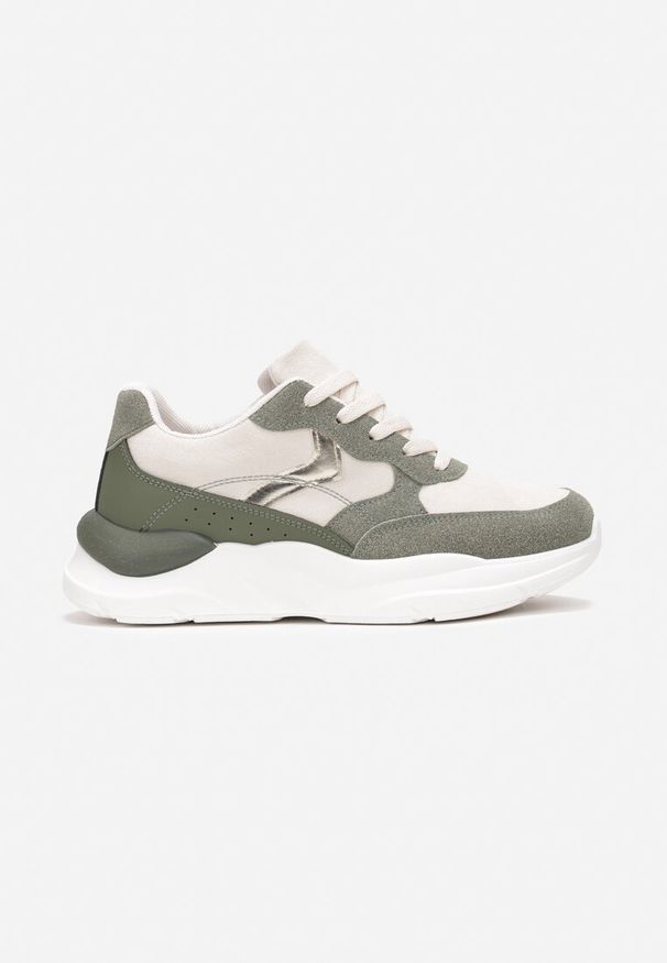 Born2be - Zielone Sneakersy z Modnymi Wstawkami i Grubą Podeszwą Neleca. Nosek buta: okrągły. Zapięcie: sznurówki. Kolor: zielony, beżowy. Materiał: materiał, nubuk, syntetyk. Obcas: na obcasie. Wysokość obcasa: niski