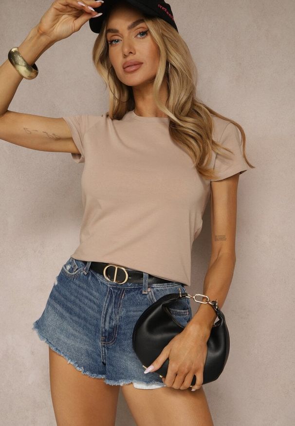 Renee - Jasnobeżowy Basicowy T-shirt z Bawełny Mevolena. Okazja: na co dzień. Kolor: beżowy. Materiał: bawełna. Styl: klasyczny, casual