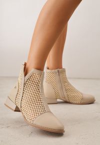 Renee - Beżowe Plecione Botki z Wkładką ze Skóry Naturalnej Nadelle. Kolor: beżowy. Materiał: skóra. Wzór: haft. Styl: elegancki, boho #9