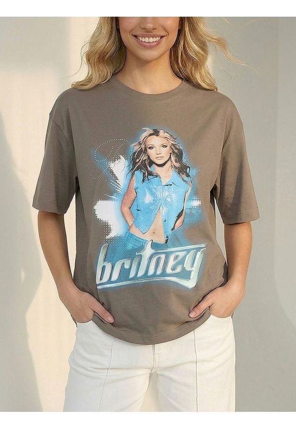 Sinsay - Bawełniana koszulka z nadrukiem Britney - szary. Kolor: szary. Materiał: bawełna. Wzór: nadruk