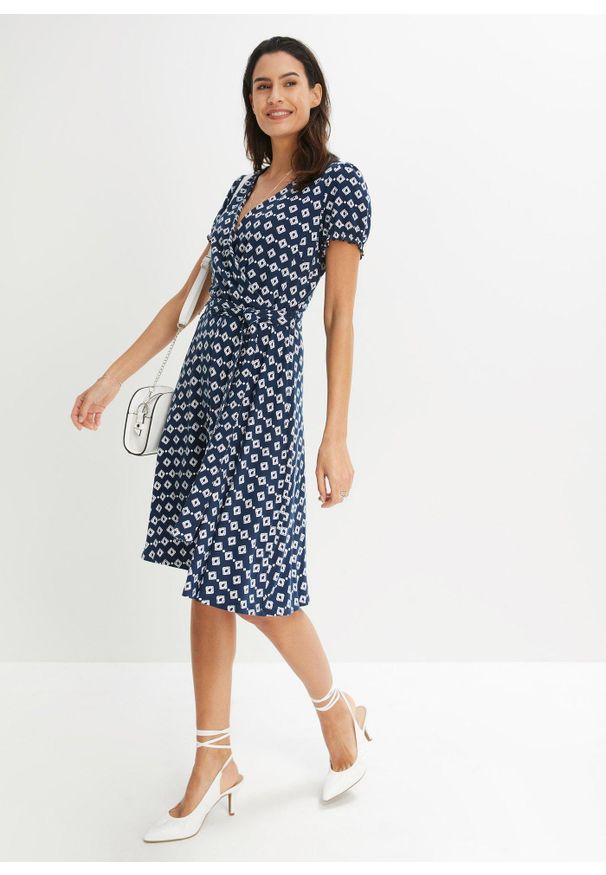 bonprix - Sukienka z dżerseju z mieszanki wiskozy. Kolor: niebieski. Materiał: wiskoza, jersey. Wzór: nadruk. Typ sukienki: dopasowane