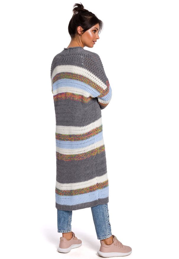 BE Knit - Kolorowy długi sweter kardigan narzutka z modnym splotem. Materiał: materiał, akryl. Długość rękawa: długi rękaw. Długość: długie. Wzór: ze splotem, kolorowy