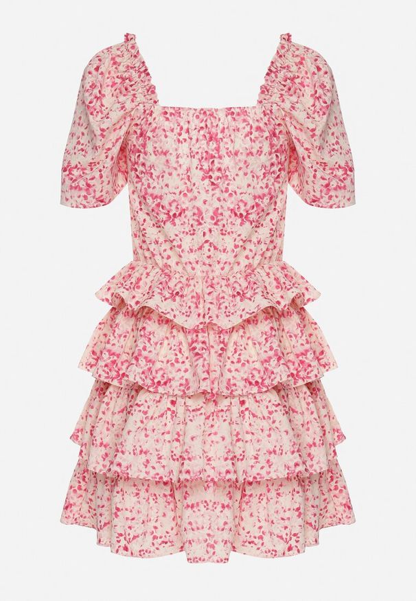Born2be - Różowa Rozkloszowana Sukienka z Bufkami w Rękawach w Drobny Print z Falbankami Tineria. Okazja: na co dzień. Typ kołnierza: kołnierz z falbankami. Kolor: różowy. Wzór: nadruk. Typ sukienki: proste. Styl: casual