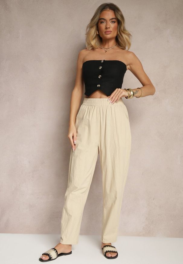 Renee - Beżowe Spodnie z Bawełny High Waist Sonirea. Okazja: na co dzień. Stan: podwyższony. Kolor: beżowy. Materiał: bawełna. Styl: casual