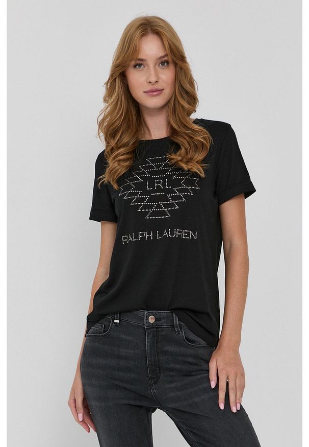 Lauren Ralph Lauren T-shirt damski kolor czarny. Okazja: na co dzień. Kolor: czarny. Materiał: dzianina. Wzór: aplikacja. Styl: casual