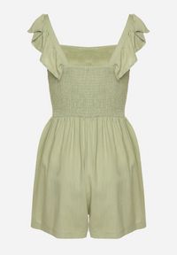 Born2be - Jasnozielony Kombinezon Bawełniany na Ramiączkach z Falbanką i Krótkimi Nogawkami Liadia. Kolor: zielony. Materiał: bawełna. Długość rękawa: na ramiączkach. Długość: krótkie. Styl: klasyczny #6