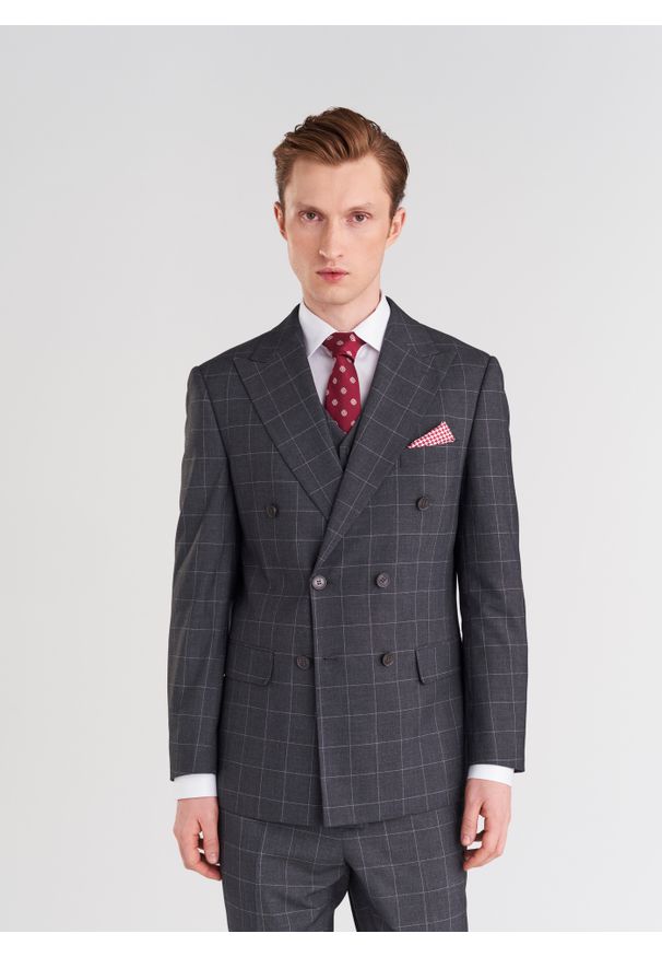 Pako Lorente - PAKO LORENTE – Szara garniturowa kamizelka w kratę. Kolor: szary. Materiał: poliester, wiskoza, elastan