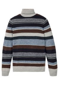 Sweter z golfem z domieszką wełny bonprix niebiesko-brązowo-beżowy w paski. Typ kołnierza: golf. Kolor: niebieski. Materiał: wełna, materiał, akryl. Wzór: paski #1