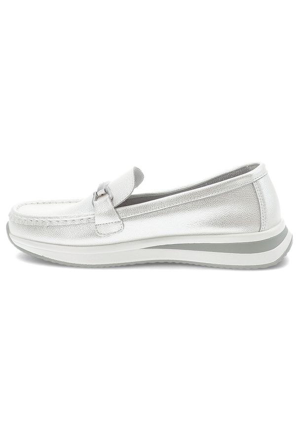 Srebrne Mokasyny S.Barski Eleganckie Wsuwane Obuwie Damskie. Okazja: na co dzień, na spotkanie biznesowe, na spacer. Zapięcie: bez zapięcia. Kolor: srebrny. Materiał: materiał. Wzór: aplikacja. Styl: elegancki