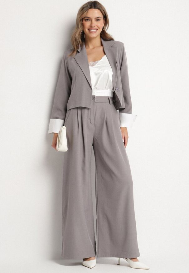 Born2be - Szary Komplet Garniturowy Marynarka i Spodnie z Kontrastowymi Wstawkami Daviraya. Kolor: szary