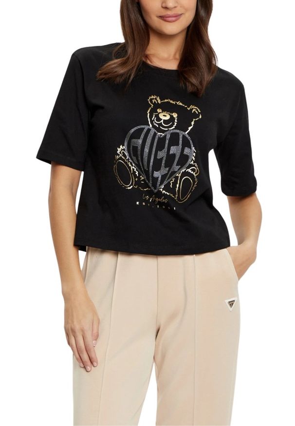 Guess - GUESS Czarny t-shirt damski Bear Boxy, Rozmiar M. Kolor: czarny