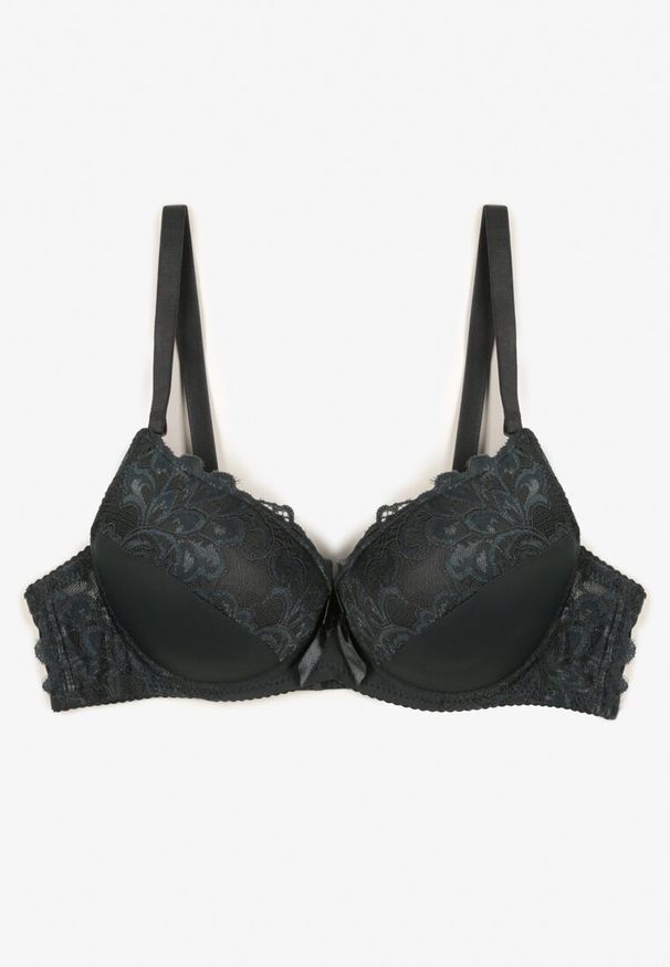 Renee - Ciemnozielony Biustonosz Push Up Ozdobione Koronką Sonevia. Kolor: zielony. Materiał: koronka. Rodzaj stanika: push-up. Wzór: koronka, aplikacja