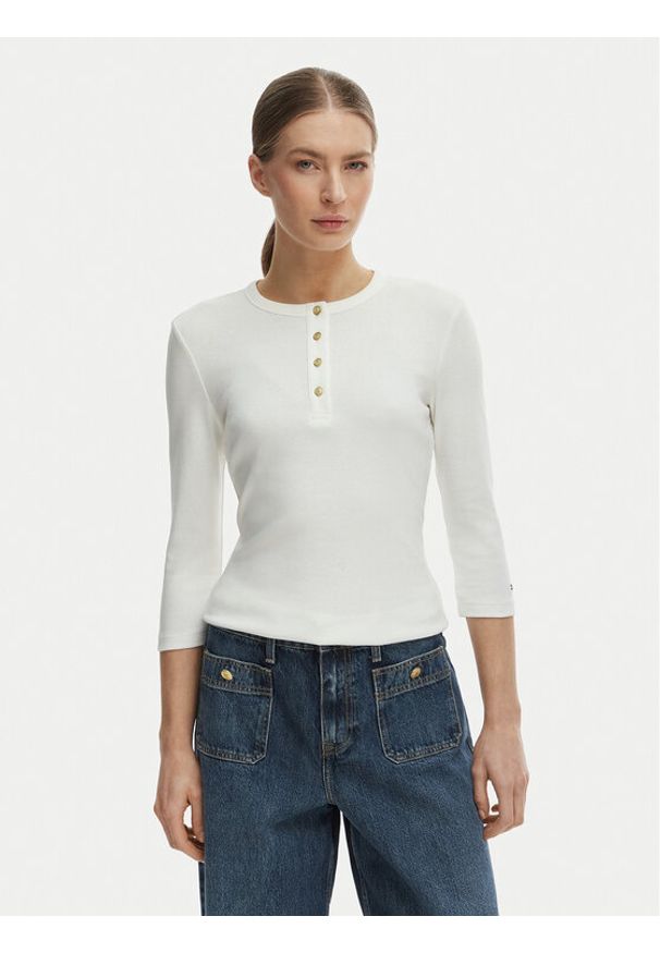 TOMMY HILFIGER - Tommy Hilfiger Bluzka WW0WW49629 Écru Slim Fit. Kolor: kremowy. Materiał: bawełna