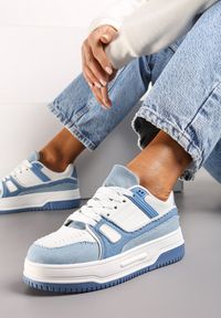 Renee - Niebieskie Sneakersy ze Wstawkami z Ekozamszu na Grubej Podeszwie Anecta. Kolor: niebieski. Materiał: jeans. Wzór: nadruk #5