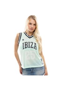 SIROKO - Damska koszulka koszykarska Lifestyle Siroko IBZ Destí Water Green. Typ kołnierza: dekolt w kształcie V. Kolor: zielony. Materiał: prążkowany, tkanina. Długość rękawa: bez rękawów. Sport: koszykówka #1