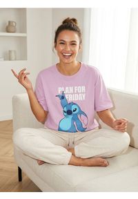 Sinsay - Bawełniana koszulka z nadrukiem Lilo & Stitch - fioletowy. Kolor: fioletowy. Materiał: bawełna. Wzór: nadruk #1